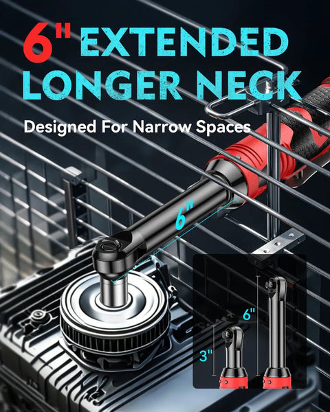 6-inch extended neck Cordless Three Eighths Inch Drive Ratchet Wrench Set With Dual 2000mAh Batteries, 40 Ft Lb Electric Torque And 150 Nm Manual Torque