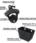 Heavy Wall Mounted Beer Bottle Opener With Slick Stainless Steel Cap Catcher Bucket Rustproof Black Cast Iron Finish Keeps The Man Cave Clean And Looking Fresh showing cast iron opener and stainless steel cap holder.