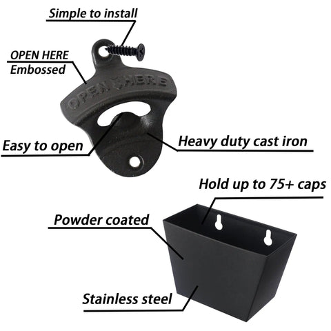Heavy Wall Mounted Beer Bottle Opener With Slick Stainless Steel Cap Catcher Bucket Rustproof Black Cast Iron Finish Keeps The Man Cave Clean And Looking Fresh showing cast iron opener and stainless steel cap holder.