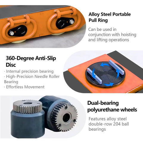 Heavy Duty 50 Ton Electric Machinery Mover Skate With Remote Control Moves Massive Loads Smoothly showing alloy steel pull ring, anti-slip disc, and dual-bearing wheels.