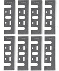Top Shelf HSS Planer Blades Set Of Eight Heavy Duty Hand Planer Replacement Knives Built Tough For The Woodworking Shop Boasts Crisp Cuts Every Single Time For Reliable 3 1 4 Inch Model Compatibility, silver steel blades.