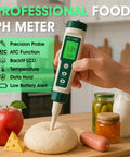 All In One PH Meter for Foodie Kitchens and Home Use with ATC and Backlit Display measuring dough pH in a kitchen setting