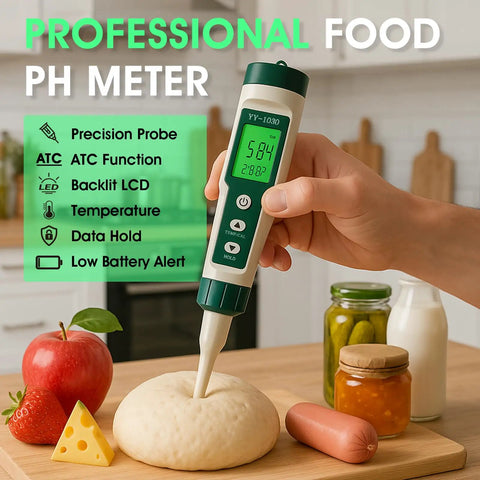 All In One PH Meter for Foodie Kitchens and Home Use with ATC and Backlit Display measuring dough pH in a kitchen setting