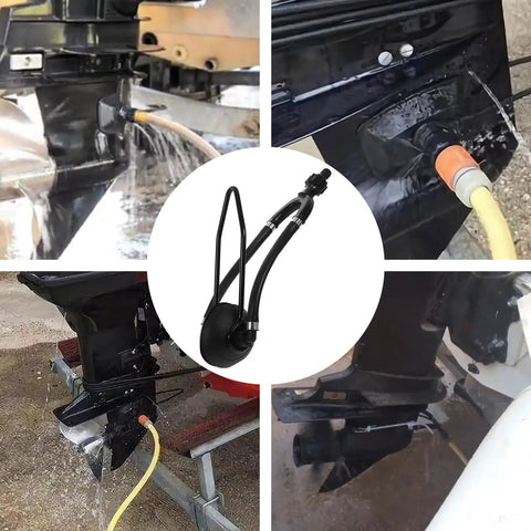 Dual Tube Outboard Engine Flusher For Boats And Yachts, Dockside Pro Grade Marine Motor Cleaner Water Flushing System, Easy Engine Maintenance And Cooling, Keeps Dirt And Grime Out, Quick Connect Hose Fit with dual-tube design in use with boat engine, showing detailed connection process.