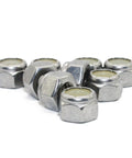 No Sweat 1/4-20 Nylon Insert Hex Lock Nuts 18-8 Stainless Steel Hardware Bulk Pack showing nuts with nylon insert for secure fastening.