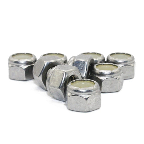 No Sweat 1/4-20 Nylon Insert Hex Lock Nuts 18-8 Stainless Steel Hardware Bulk Pack showing nuts with nylon insert for secure fastening.