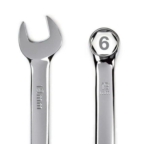 Close-up of 16-Piece Metric 6-Point Wrench Set With Full Polish Chrome Finish, showing stamped size callouts on wrenches