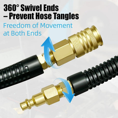 Heavy Duty 25Ft 1/4 Inch Polyurethane Air Hose With Braided Reinforcement, Flexible Pneumatic Hose, 360° swivel quick connect fittings