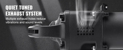 Close-up of quiet tuned exhaust system on Rugged Pro-Level 1 Inch Pneumatic Impact Wrench serving hefty 2730 ft lbs reverse torque.