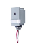 Outdoor 120V Stem Mount Photocontrol with Light Adjustment Bar for Dusk to Dawn Lighting, compatible with LED fixtures, side view.