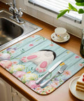 Spring Floral Teal Wood Grain Dish Drying Mat 18x24 Inch Absorbent Microfiber Reversible Non Slip Back Dries Fast For Dishes