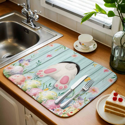 Spring Floral Teal Wood Grain Dish Drying Mat 18x24 Inch Absorbent Microfiber Reversible Non Slip Back Dries Fast For Dishes