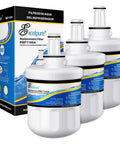3 Pack Refrigerator Water Filter Replacement For Samsung Models with 0.5 Micron Carbon Block Filtration, showing packaging and filters
