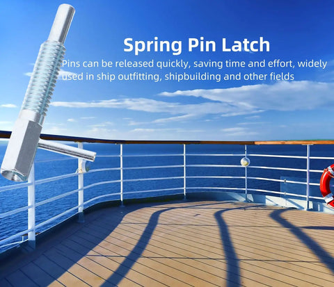 Four Pack M12 Retractable Indexing Plunger Pins Crafted From Heavy Duty Carbon Steel With Rock Solid Spring Loaded Latches And Easy Pull L Shaped Handles For Reliable Job Site Use - spring pin latch displayed against a scenic ocean backdrop.