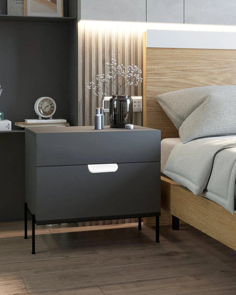 Bedroom setting with bedside table featuring 6 Pack Adhesive Edge Pulls for Cabinets and Drawers in matte white, no drill installation.