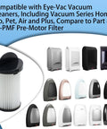Top Tier Four Pack Hepa Pre Motor Filter Set Compatible With Eye Vac And Neo Vac Stationary Cleaners shown with various vacuum units.