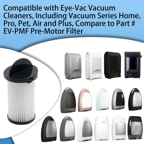 Top Tier Four Pack Hepa Pre Motor Filter Set Compatible With Eye Vac And Neo Vac Stationary Cleaners shown with various vacuum units.