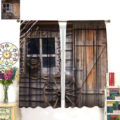 Barn Door Rod Pocket Blackout Curtains For Living Room, Rustic Farmhouse Vibe With Wooden Board Wheel Motif, two panel set
