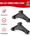 Long leaf formed hinge strap in heavy duty steel with compatibility and easy operation features.
