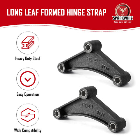 Long leaf formed hinge strap in heavy duty steel with compatibility and easy operation features.