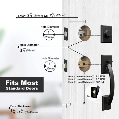 Diagram of Front Door Handle Set With Double Door Lock And Dummy Handle, Heavy Duty Deadbolt installation, fits most standard doors.
