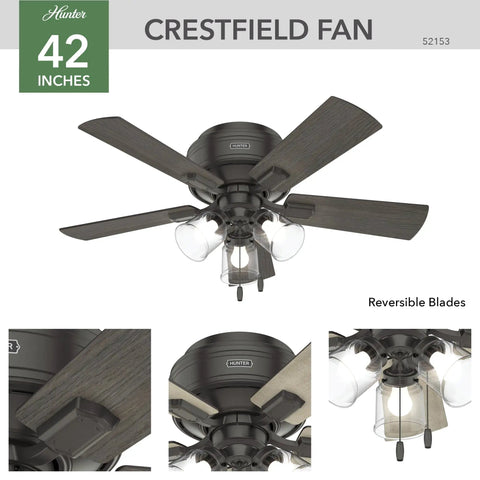 42 Inch Indoor Ceiling Fan With LED Lights And Pull Chain Kickin Low Profile Flush Mount 5 Blades Quiet Ceiling Fan For Bedroom Living Room Or Kitchen Noble Bronze Finish Model 52153, showing brown blades and glass lights.