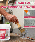 Man applying Heavy Duty Transparent Waterproof Sealant And Clear Invisible Liquid Coating For Roofs Walls Garden Bathroom Kitchen on concrete surface.