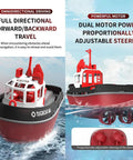 Gnarly Fast RC Boat Tugboat 2.4Ghz Remote 1/72 Scale Simulation Racing Model Unassembled DIY Kit RTR Version Black Finish Includes 2 Batteries Perfect Gift For Speed Junkies portrayed with dual motor and adjustable steering, shown on water with directional capabilities text.