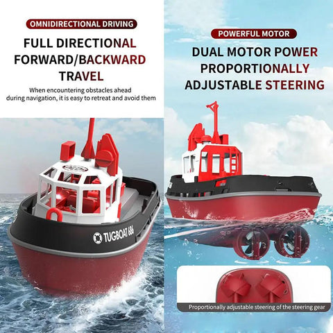 Gnarly Fast RC Boat Tugboat 2.4Ghz Remote 1/72 Scale Simulation Racing Model Unassembled DIY Kit RTR Version Black Finish Includes 2 Batteries Perfect Gift For Speed Junkies portrayed with dual motor and adjustable steering, shown on water with directional capabilities text.