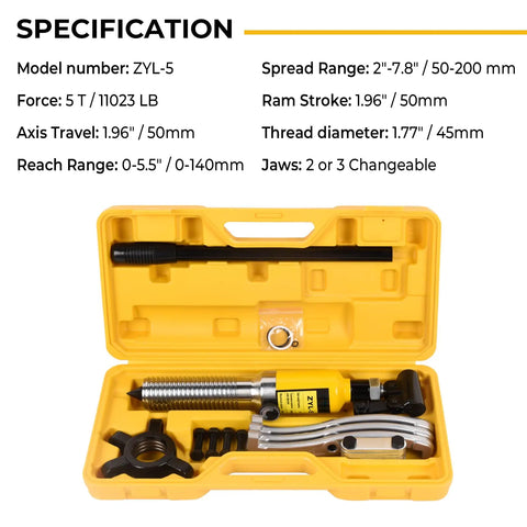 5 Ton Hydraulic Gear Puller Kit With Adjustable 2 Or 3 Jaws, Bearing Hub Separator in yellow case, tools visible.