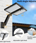 Multi-angle adjustable outdoor solar light with motion sensor three modes and three color temperatures shown mounted on wall.