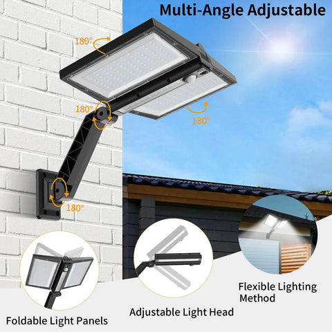 Multi-angle adjustable outdoor solar light with motion sensor three modes and three color temperatures shown mounted on wall.