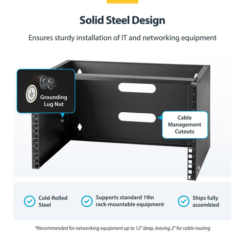 Heavy Duty 6U Wall Mount Network Rack With 19 Inch Width And 14 Inch Depth Rock Solid Construction For Switches Routers Cabling Equipment Ships Totally Pre Assembled So You Can Mount It No Sweat
