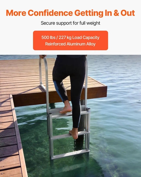 Retractable Dock Ladder With 5 Steps Aluminum Pontoon Swim Ladder Auto Lift Float Non Slip Wide Steps 500 Lb Weight Capacity Adjustable Height No Fuss Easy Install Ideal For Lake Pool And Boat on dock
