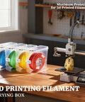 Filament Storage Box Set Of Four With Airtight Seal Keeps Your Filament Fresh For 3D Printer Spools on a workshop table