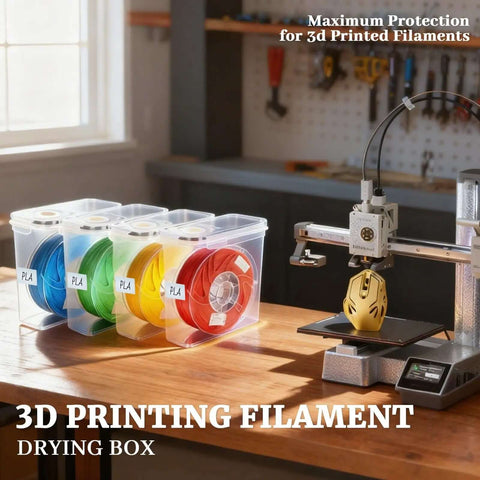 Filament Storage Box Set Of Four With Airtight Seal Keeps Your Filament Fresh For 3D Printer Spools on a workshop table