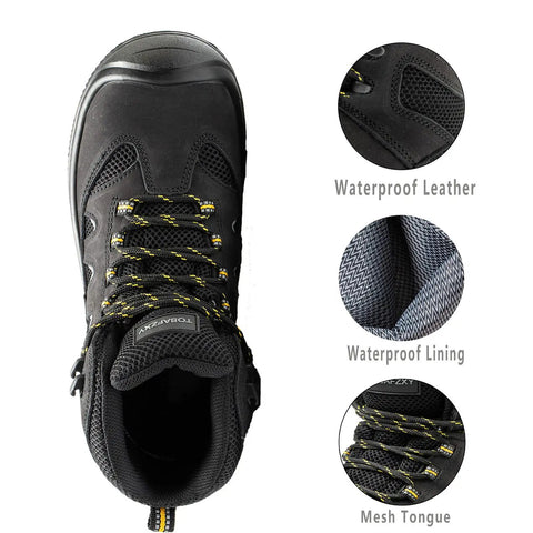 Top view of Waterproof Steel Toe Work Boots For Men 6 Inch Non Slip Safety Shoes Outdoor Black Size 14 with leather and mesh details