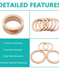 300Pcs Copper Flat Washers Sealing Washers Kit In 12 Sizes, showing stacked and individual washers, detailed features listed