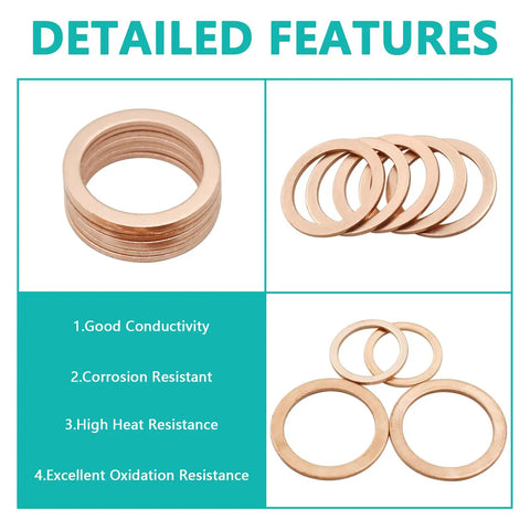 300Pcs Copper Flat Washers Sealing Washers Kit In 12 Sizes, showing stacked and individual washers, detailed features listed