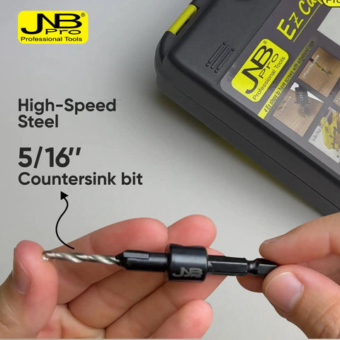 Heavy Duty Edge Banding Hole Puncher Kit With Two Premium Steel Countersink Bits And Tough Hex Wrenches For Slick Concealed Fastener Setup On Every Shop Floor Build, 5/16" high-speed steel countersink bit in hand.