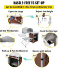 Setup steps for Aluminum Portable Folding Camp Kitchen Table With Windscreen Cupboard And Storage Organizer Carrying Bag For Outdoor Picnics Beach BBQ RV Travel Quick Setup Brown Finish