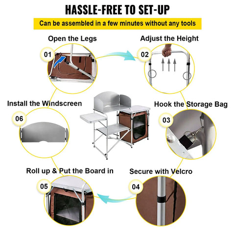 Setup steps for Aluminum Portable Folding Camp Kitchen Table With Windscreen Cupboard And Storage Organizer Carrying Bag For Outdoor Picnics Beach BBQ RV Travel Quick Setup Brown Finish