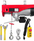 440 Lb Electric Hoist With 110V Power, zinc plated steel wire, red exterior, remote control, hooks and straps