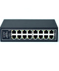 Front view of Unmanaged 16 Port Industrial Ethernet Switch For Rugged Applications, 10 100 Mbps Auto MDI MDI X, Plug And Play DIN Rail.