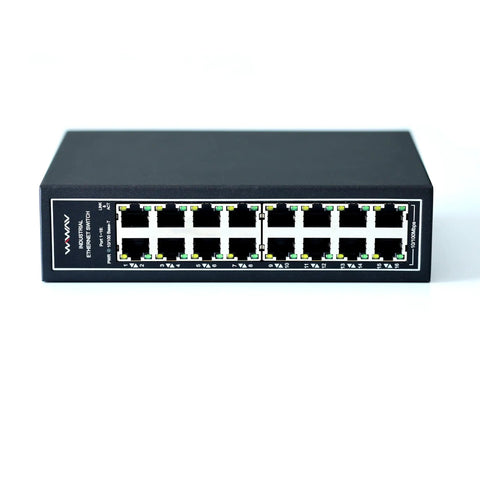 Front view of Unmanaged 16 Port Industrial Ethernet Switch For Rugged Applications, 10 100 Mbps Auto MDI MDI X, Plug And Play DIN Rail.