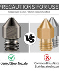 Comparison of hardened steel and brass nozzle for 3D printing, highlighting durability and recommended sizes 0.4mm/0.6mm.