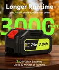 21V 3.0Ah battery for 100000 RPM Cordless Leaf Blower With Dual 3Ah Batteries And Fast Charger, emphasizing longer runtime