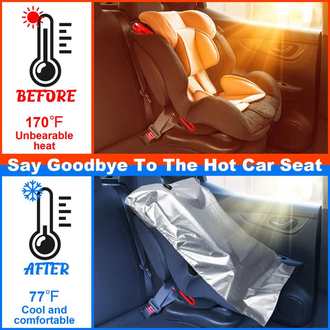 2Pcs Baby Car Seat Sun Shade Cover transformed from hot to cool with 170°F to 77°F temperature change, showing before and after effects