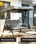 Gray porch swing with canopy in sunny and rainy conditions, highlighting its water-repellent and UV protection features.