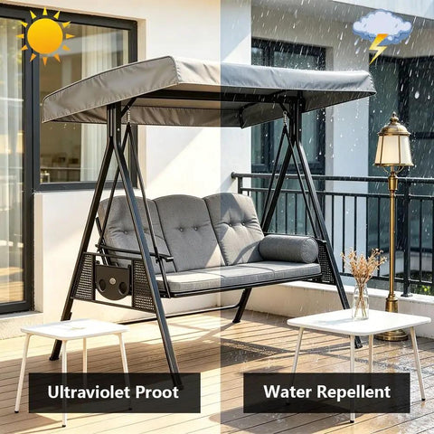 Gray porch swing with canopy in sunny and rainy conditions, highlighting its water-repellent and UV protection features.